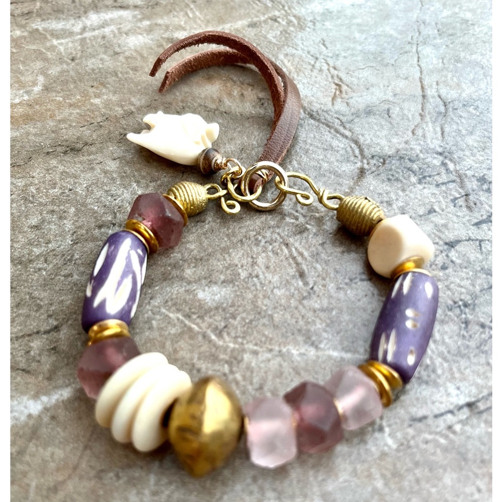 Tribal Boho Bracelet Water Buffalo Bone, Ethnic Glass, African Trade Brass Beads